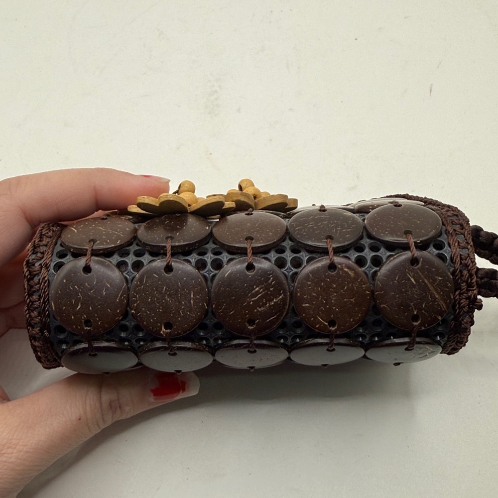 Vintage Coconut Shell Piece Wallet Zip Around Coin Purse Wristlet Brown Floral - Picture 4 of 12